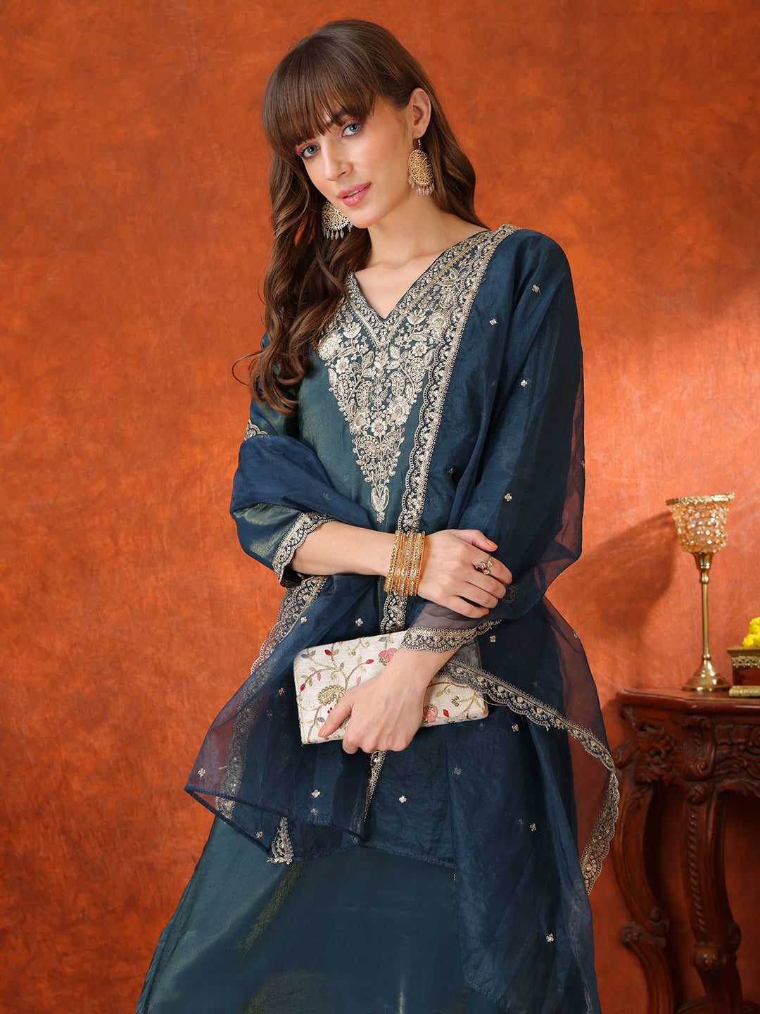 Sequin Embroidered Kurta With Pant & Embroidered Organza Dupatta, Teal - Hiral Fashion | Grocsy