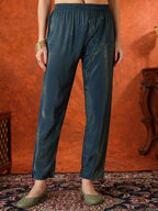 Sequin Embroidered Kurta With Pant & Embroidered Organza Dupatta, Teal - Hiral Fashion | Grocsy