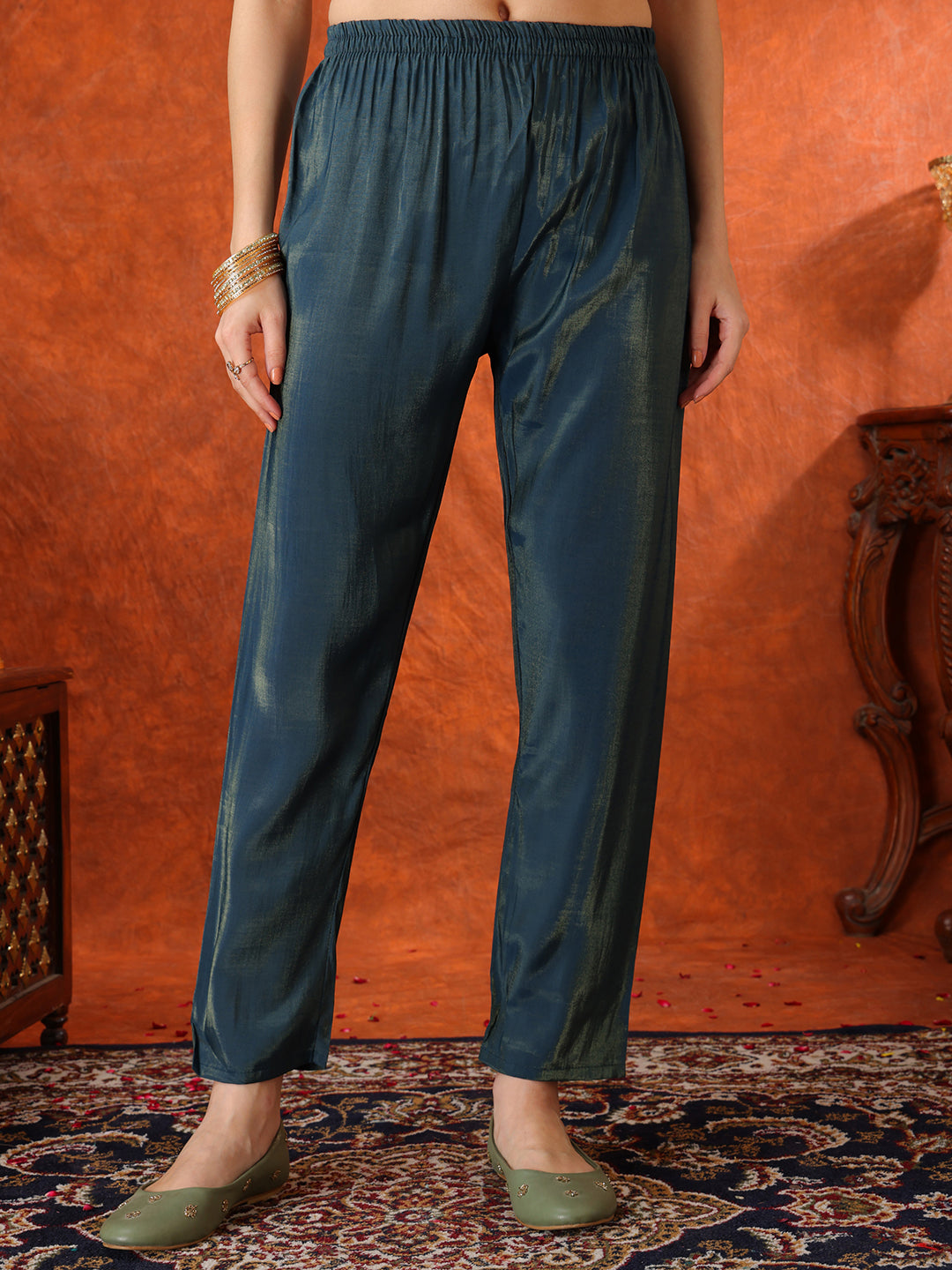 Sequin Embroidered Kurta With Pant & Embroidered Organza Dupatta, Teal - Hiral Fashion | Grocsy