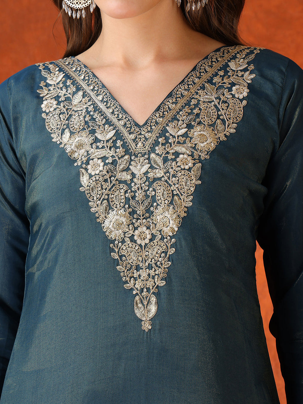 Sequin Embroidered Kurta With Pant & Embroidered Organza Dupatta, Teal - Hiral Fashion | Grocsy