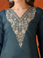 Sequin Embroidered Kurta With Pant & Embroidered Organza Dupatta, Teal - Hiral Fashion | Grocsy
