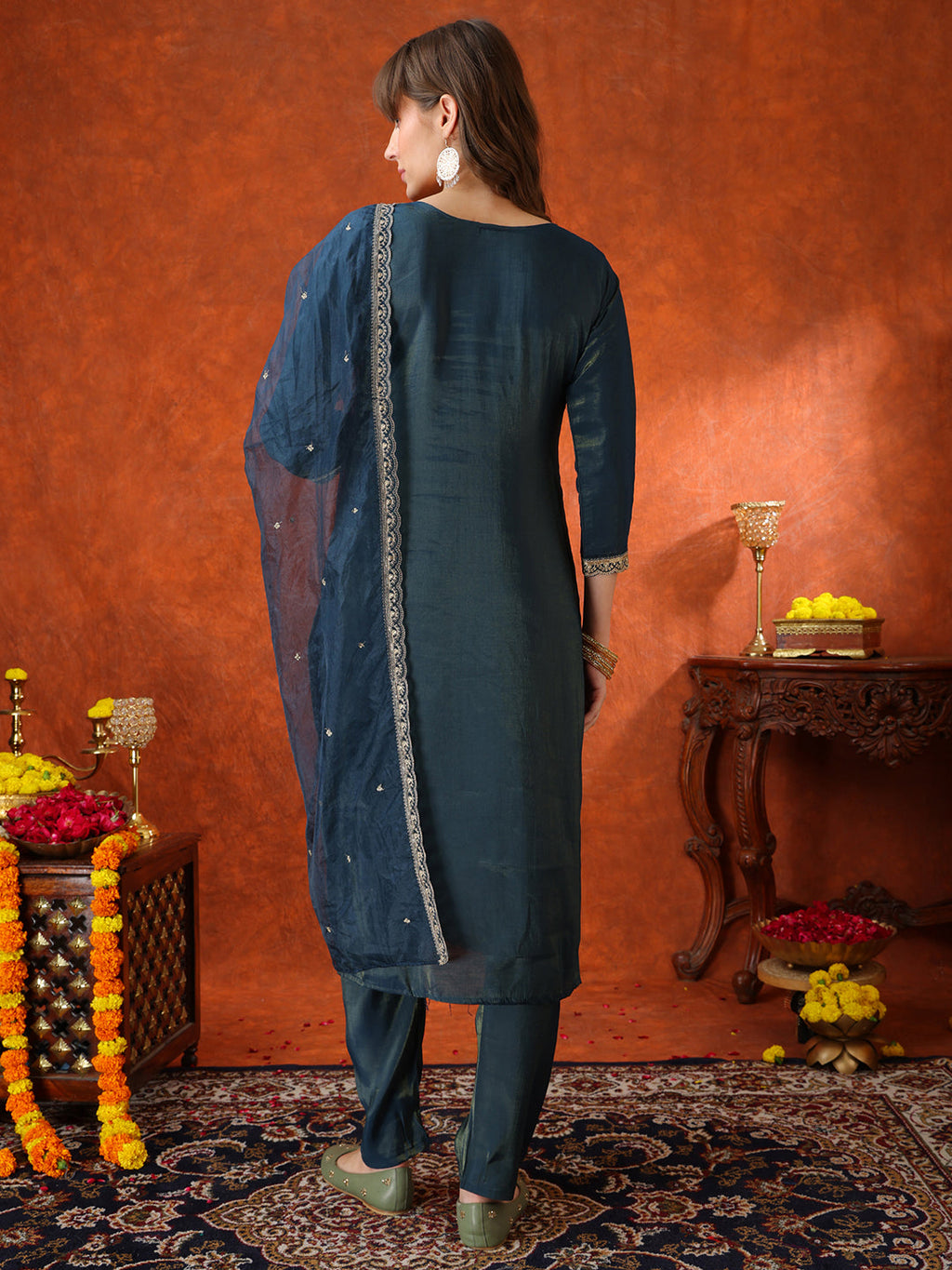 Sequin Embroidered Kurta With Pant & Embroidered Organza Dupatta, Teal - Hiral Fashion | Grocsy