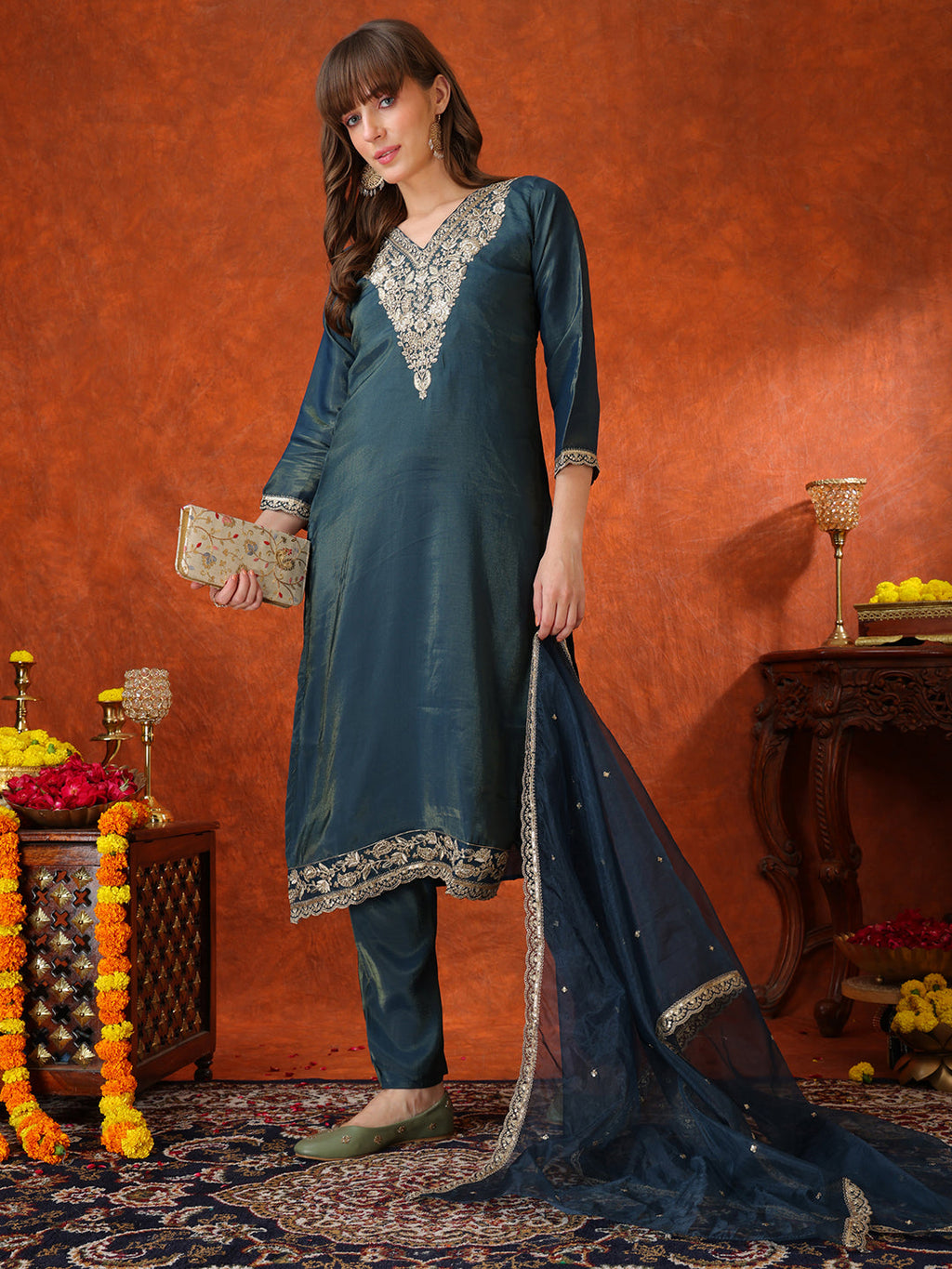 Sequin Embroidered Kurta With Pant & Embroidered Organza Dupatta, Teal - Hiral Fashion | Grocsy
