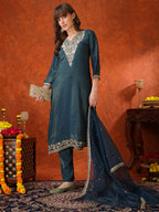 Sequin Embroidered Kurta With Pant & Embroidered Organza Dupatta, Teal - Hiral Fashion | Grocsy