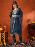 Sequin Embroidered Kurta With Pant & Embroidered Organza Dupatta, Teal - Hiral Fashion | Grocsy