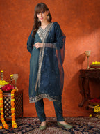 Sequin Embroidered Kurta With Pant & Embroidered Organza Dupatta, Teal - Hiral Fashion | Grocsy