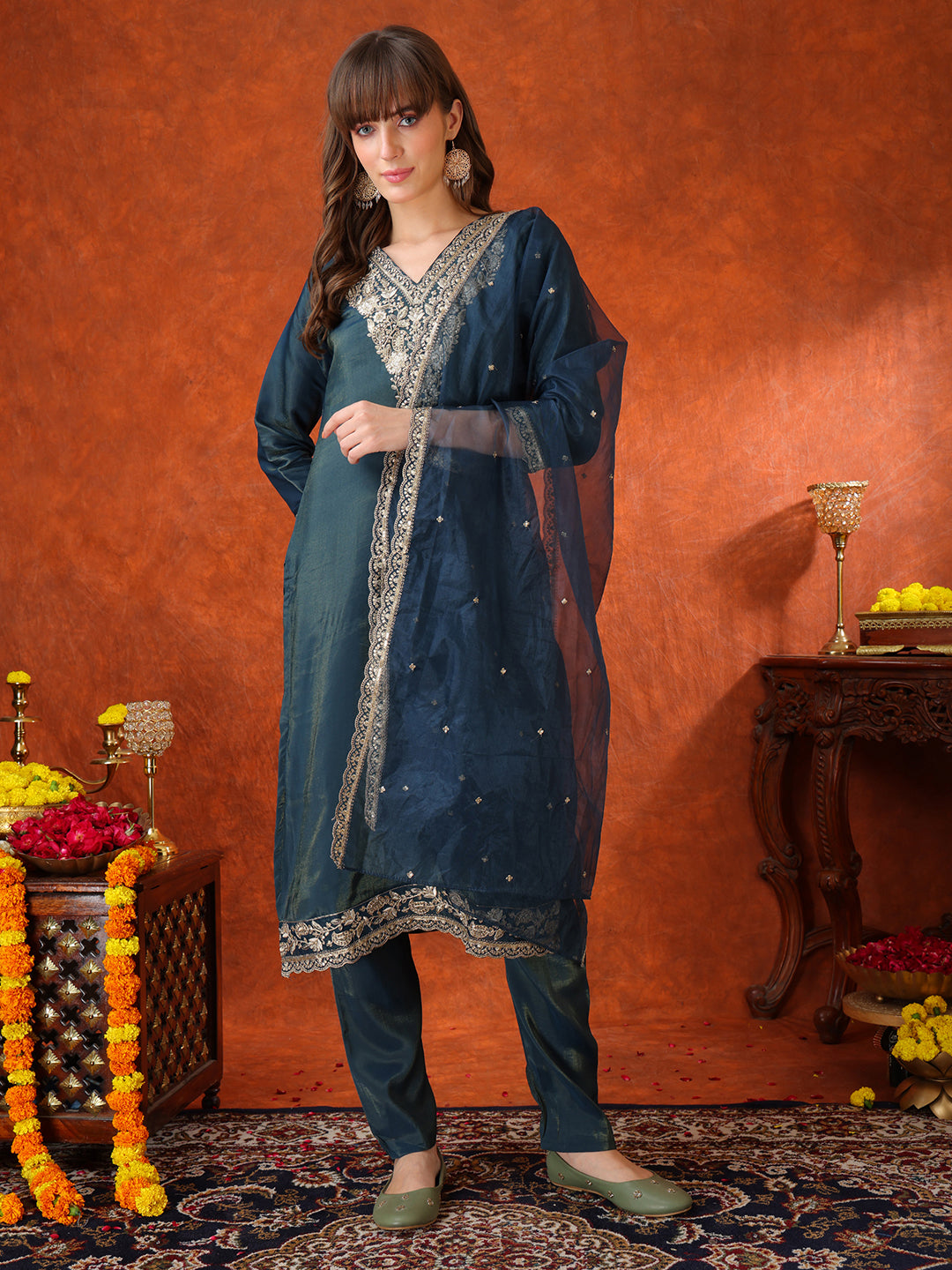 Sequin Embroidered Kurta With Pant & Embroidered Organza Dupatta, Teal - Hiral Fashion | Grocsy