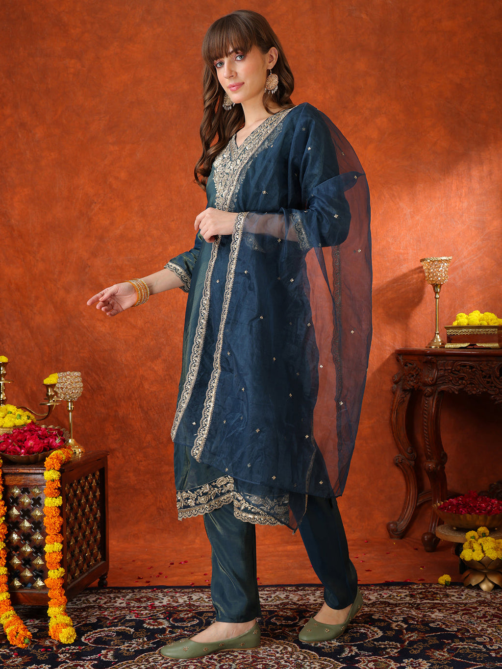 Sequin Embroidered Kurta With Pant & Embroidered Organza Dupatta, Teal - Hiral Fashion | Grocsy