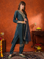 Sequin Embroidered Kurta With Pant & Embroidered Organza Dupatta, Teal - Hiral Fashion | Grocsy
