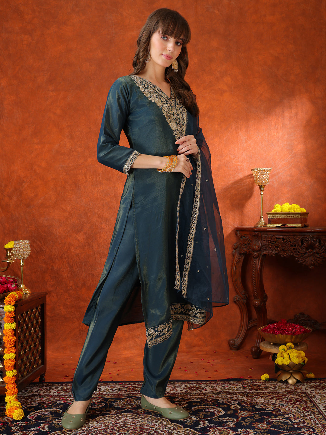 Sequin Embroidered Kurta With Pant & Embroidered Organza Dupatta, Teal - Hiral Fashion | Grocsy