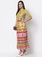 Myshka Women's Multi Cotton Printed 3/4 Sleeve Mandarin Neck Casual Dress | Grocsy