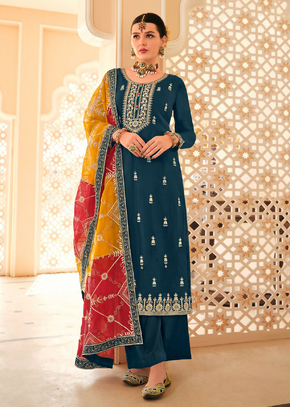 Dazzling Teal Embroidered Chinnon Palazzo Salwar Kurta - Emponline | Grocsy