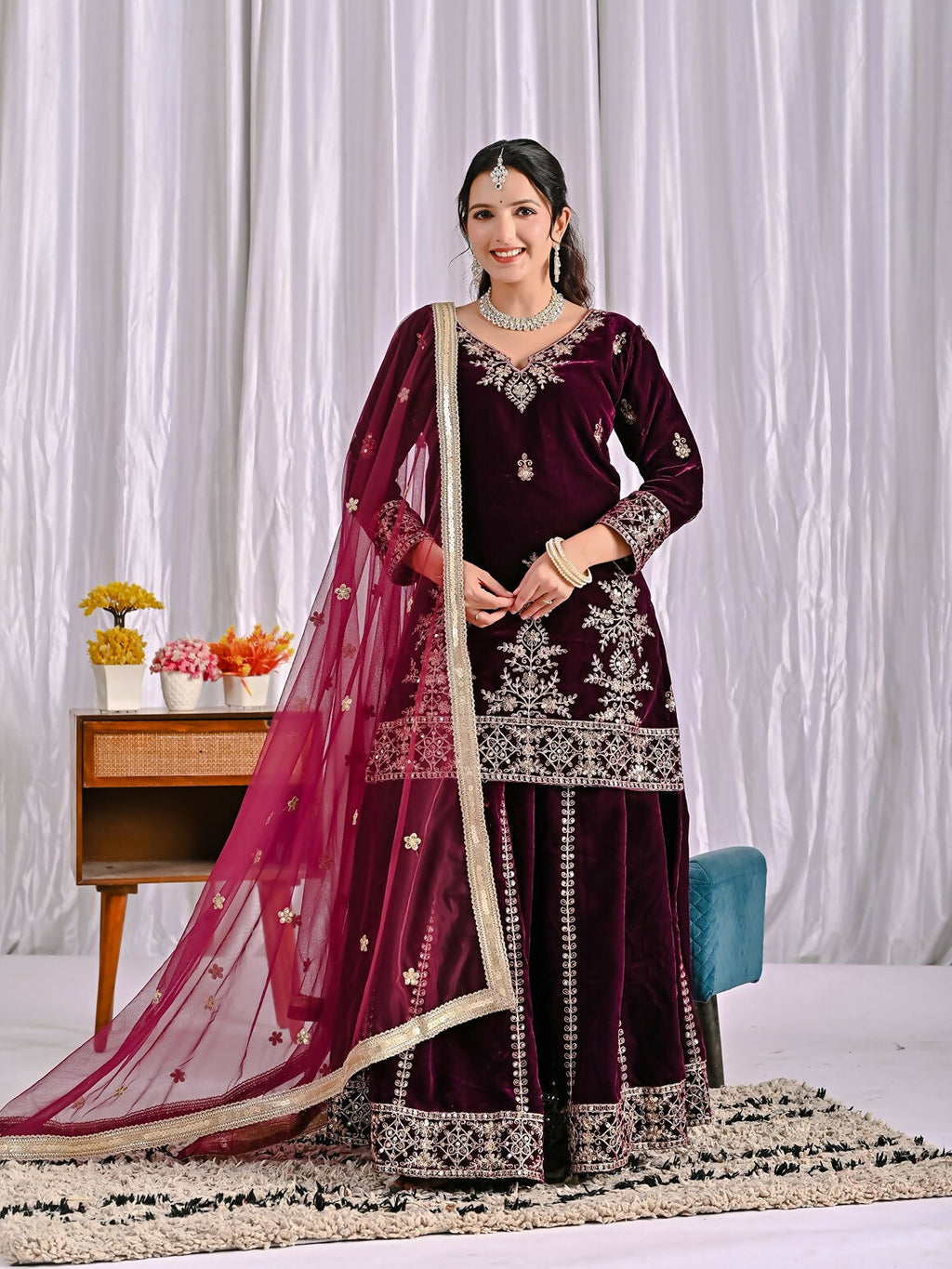 Joban Fashion Wine Velvet Sequence Embroidery Work Kurta Set | Grocsy