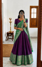 Teeya Creation Wine Traditional Lehenga Choli Set Featuring Intricate Purple and Gold Zari Detailing | Grocsy