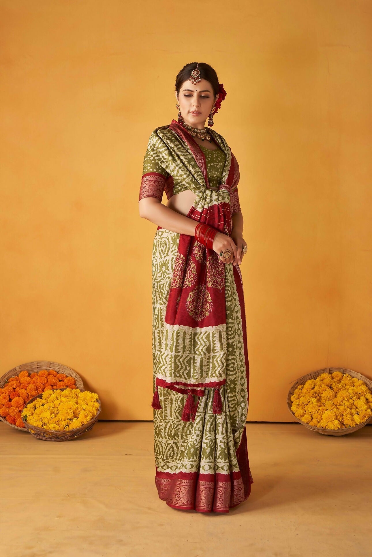 Joban Fashion Kashmiri Silk Zari Border Green Work Saree | Grocsy