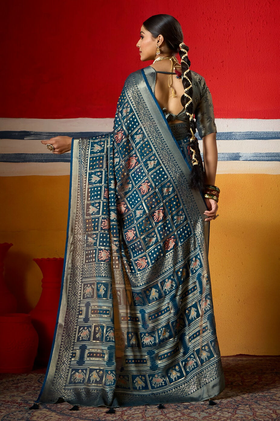 Joban Fashion Teal Blue Dull Moss Brasso Saree | Grocsy