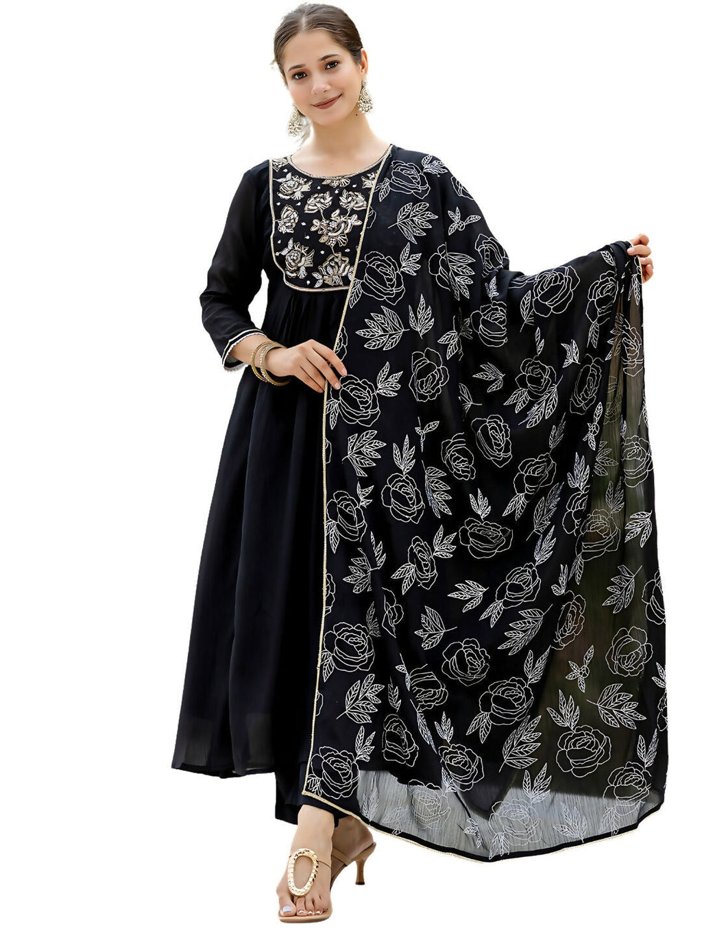 The52 Black Women's Beautiful Embroidered work Chinon Fabric with Flared Kurta, Pant and Dupatta Set | Grocsy