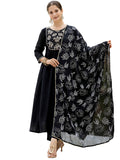 The52 Black Women's Beautiful Embroidered work Chinon Fabric with Flared Kurta, Pant and Dupatta Set | Grocsy