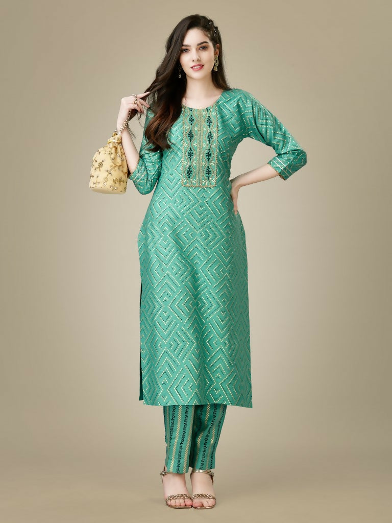 Jyoti Fashion Women's Pista Green Rayon Embroidered Kurta Pant Set | Grocsy