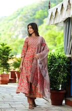 Yufta Women Red Floral Yoke Design Regular Aari Work Pure Cotton Kurta with Trouser & With Dupatta | Grocsy