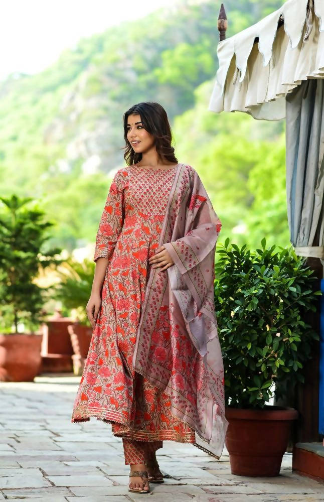 Yufta Women Red Floral Yoke Design Regular Aari Work Pure Cotton Kurta with Trouser & With Dupatta | Grocsy