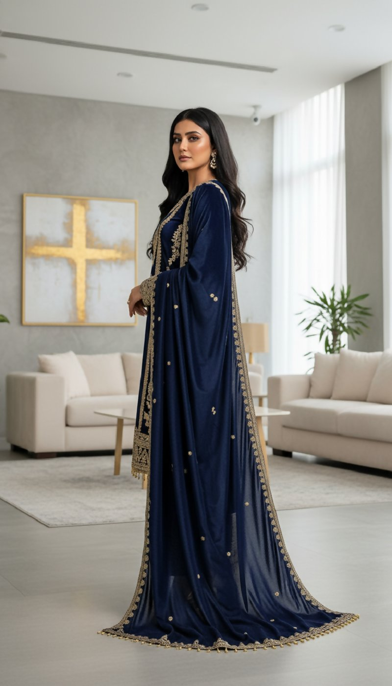 Joban Fashion Blue Velvet Embroidery Sequence Work Readymade Kurta Set | Grocsy