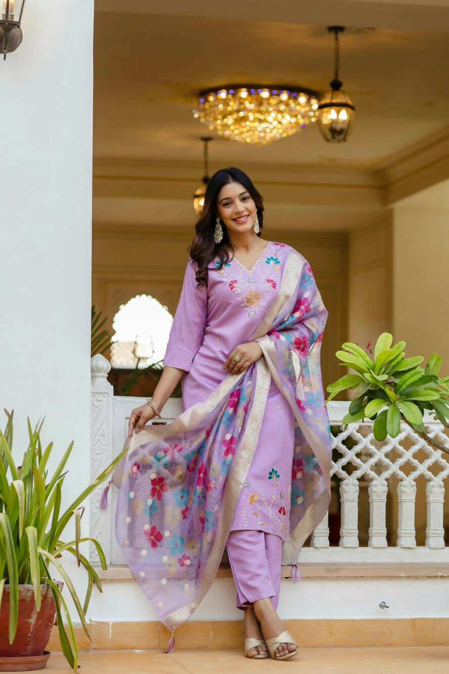 The52 Lavender Women's Gorgeous Embroidered work Viscose Gadhwal Fabric Straight Kurta, Pant and Dupatta Set | Grocsy