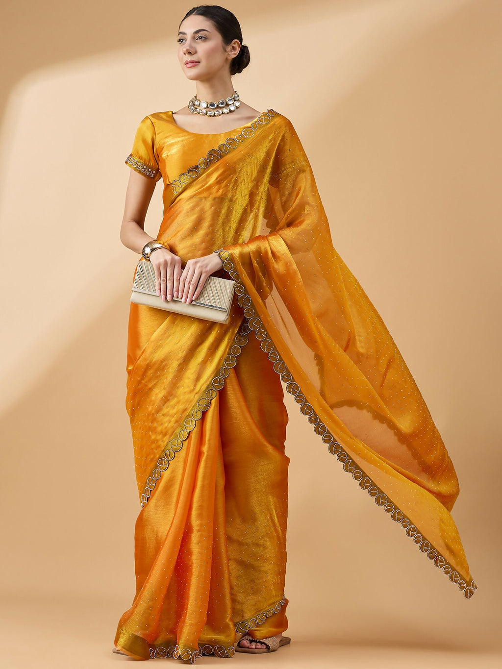 Mustard Organza Swaroski Diamond Work Saree with Unstitched Blouse - Radha | Grocsy