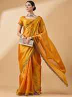 Mustard Organza Swaroski Diamond Work Saree with Unstitched Blouse - Radha | Grocsy