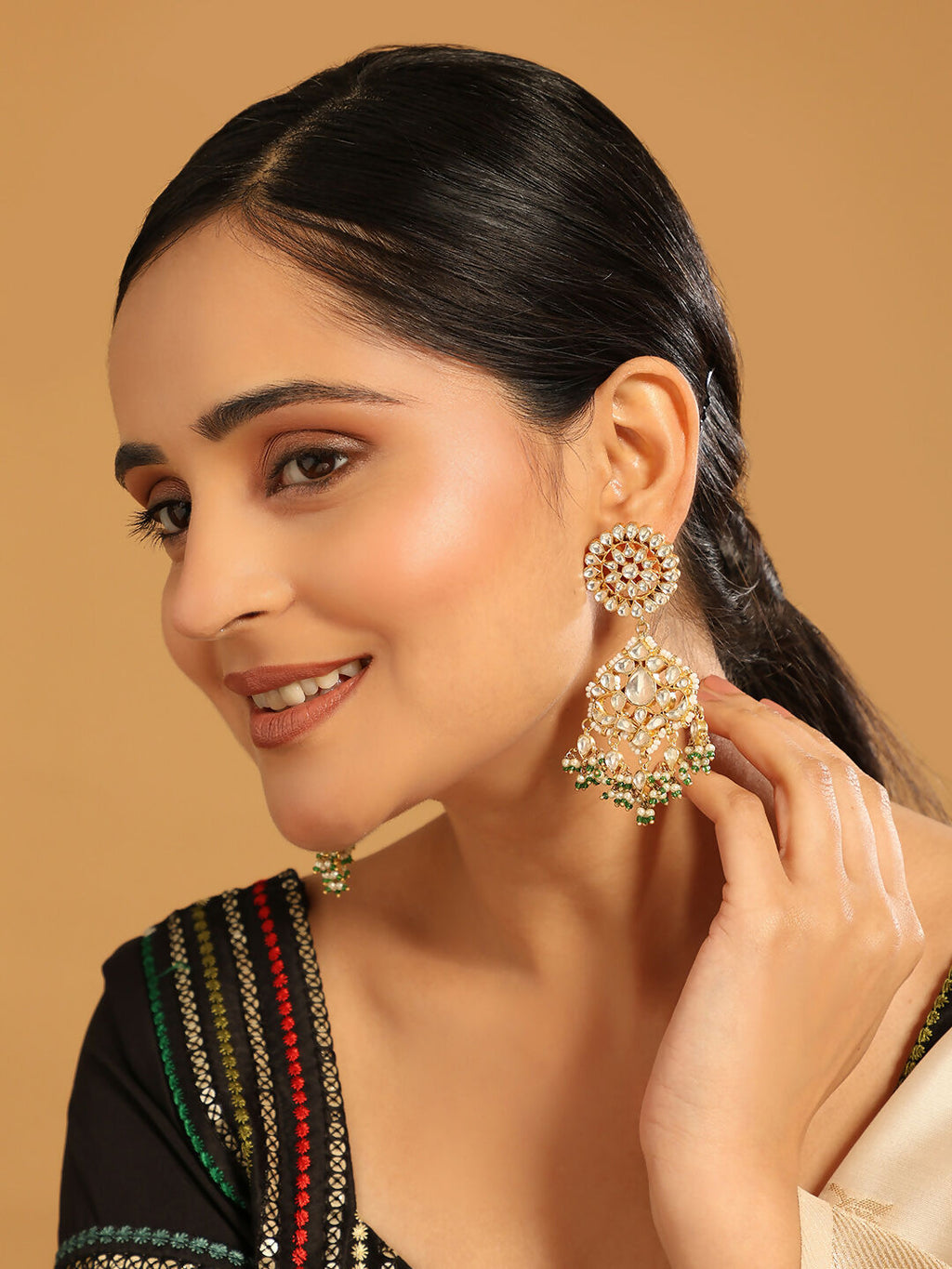 Nuyug 22K Gold Plated Traditional Kundan Studded Contemporary Dangler Earrings with Pearl and Green Bead Accents | Grocsy
