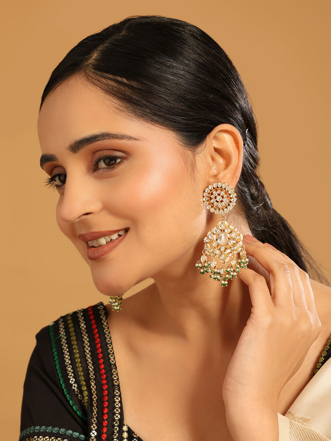 Nuyug 22K Gold Plated Traditional Kundan Studded Contemporary Dangler Earrings with Pearl and Green Bead Accents | Grocsy