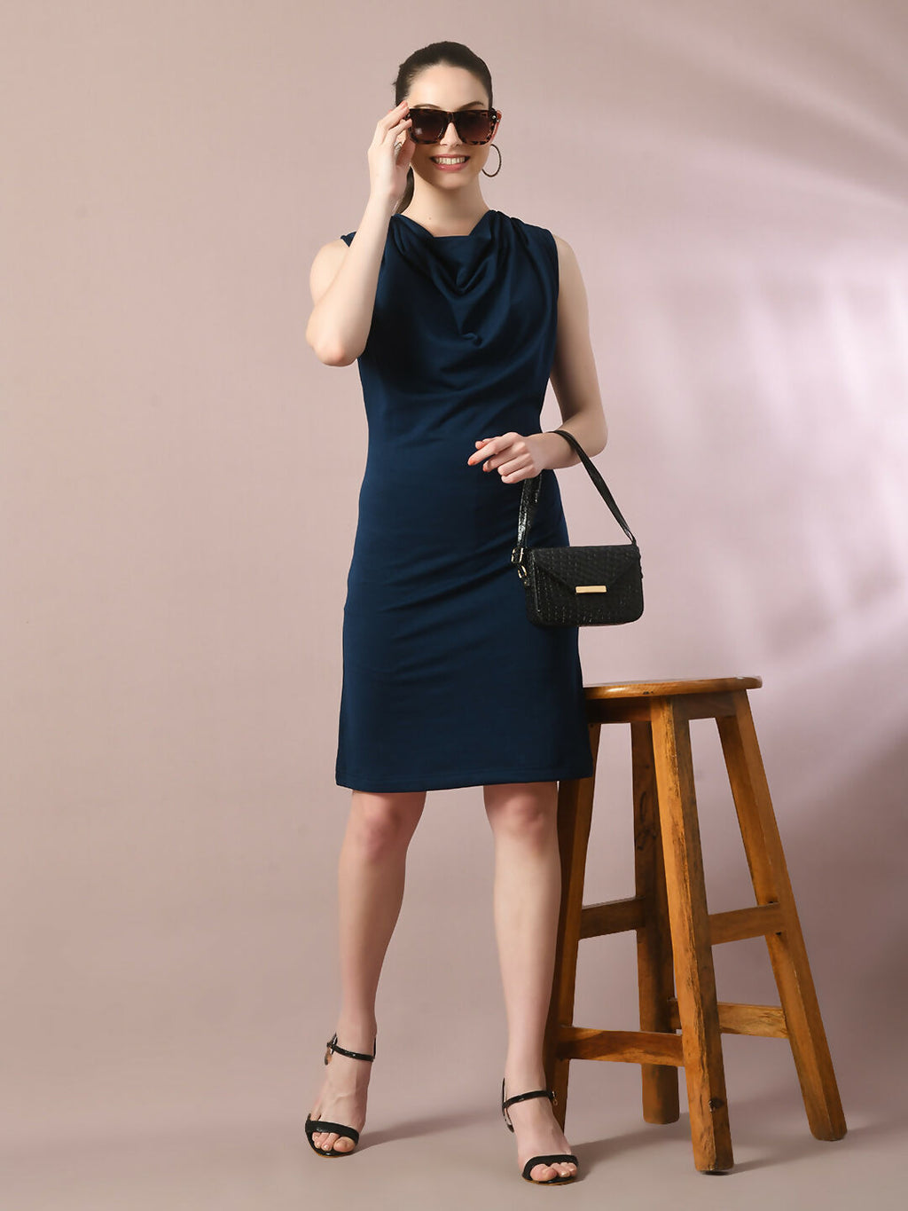 Myshka Women's Navy Blue Solid Cowl Neck Bodycon Party Dress | Grocsy