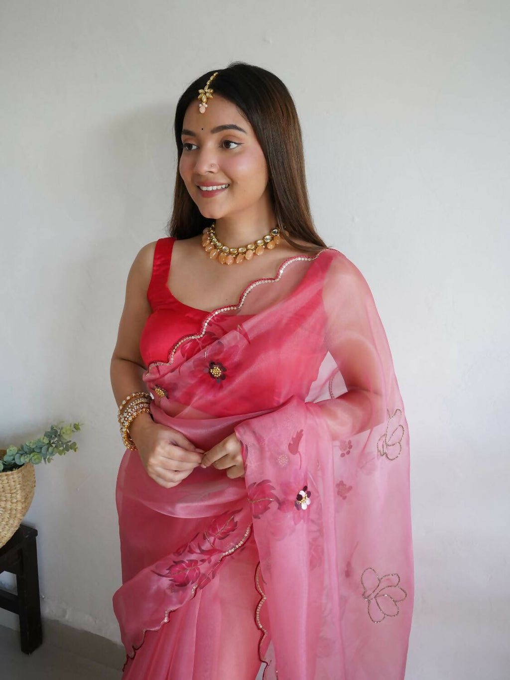 Vamsee Pink Organza Saree | Grocsy