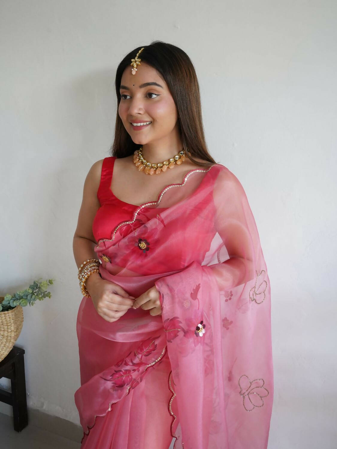 Vamsee Pink Organza Saree | Grocsy