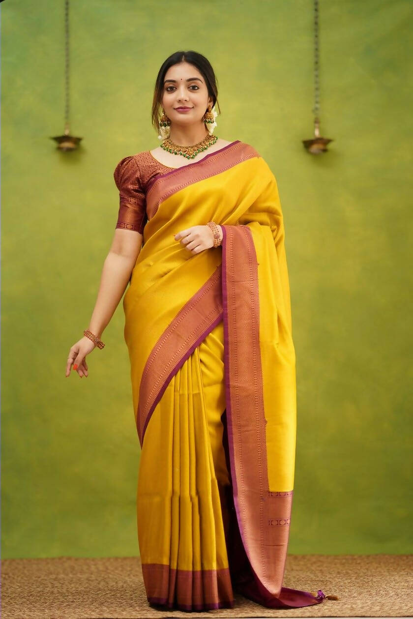 DEIANA'S Beautiful Designer Golden zari Soft Lichi Silk Saree - Yellow | Grocsy