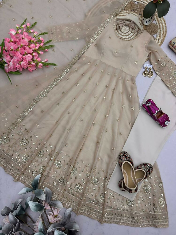 Teeya Creation New Stylish Trendy Elegant Cream Embroidered Anarkali Suit with Dupatta | Grocsy