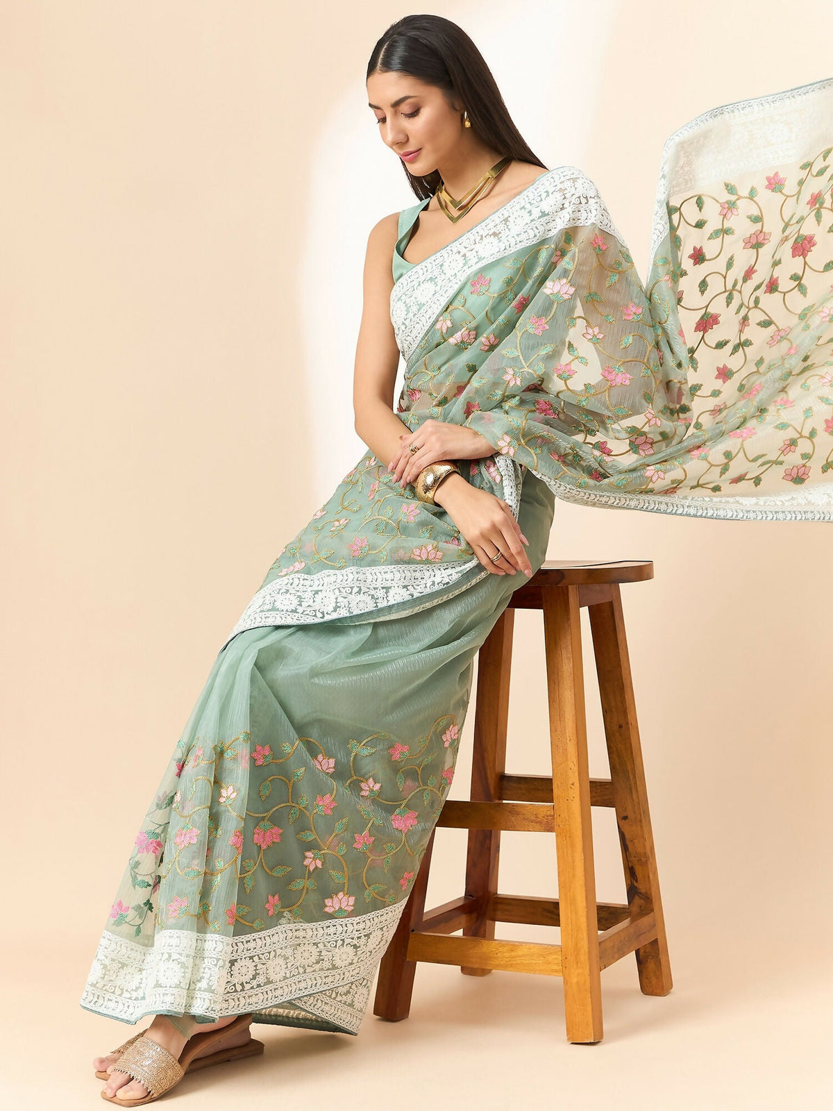 Green Organza Floral Embroidered Saree with Unstitched Blouse Piece - Roozal | Grocsy