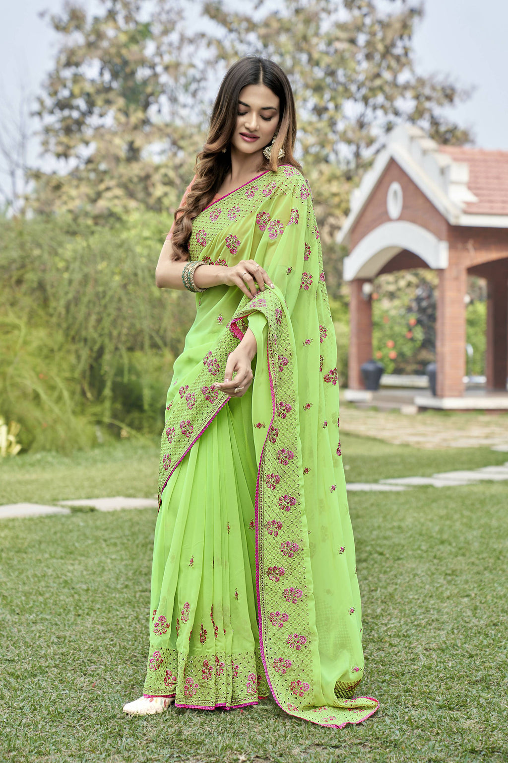 Vamsee Rashmika 2.0 Green Georgette Silk Saree | Grocsy