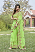 Vamsee Rashmika 2.0 Green Georgette Silk Saree | Grocsy