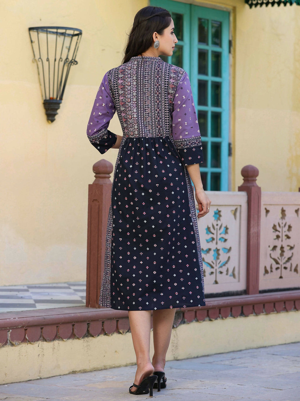 Juniper Women's Lavender Printed Embroidered Flared Dress | Grocsy