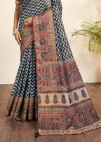 Blue Bhagalpuri Silk Stripe printed with Stone Work & Hand Work Saree - Norita Nirvi | Grocsy