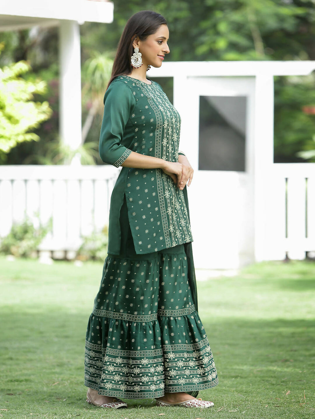 Juniper Green Mono Viscose Festive Wear Printed Straight Kurta Sharara Dupatta Set | Grocsy