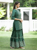 Juniper Green Mono Viscose Festive Wear Printed Straight Kurta Sharara Dupatta Set | Grocsy