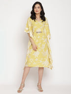 Ahalyaa Women Lime Green & Off White Floral Printed Flared Sleeves Floral Kaftan Kurta | Grocsy