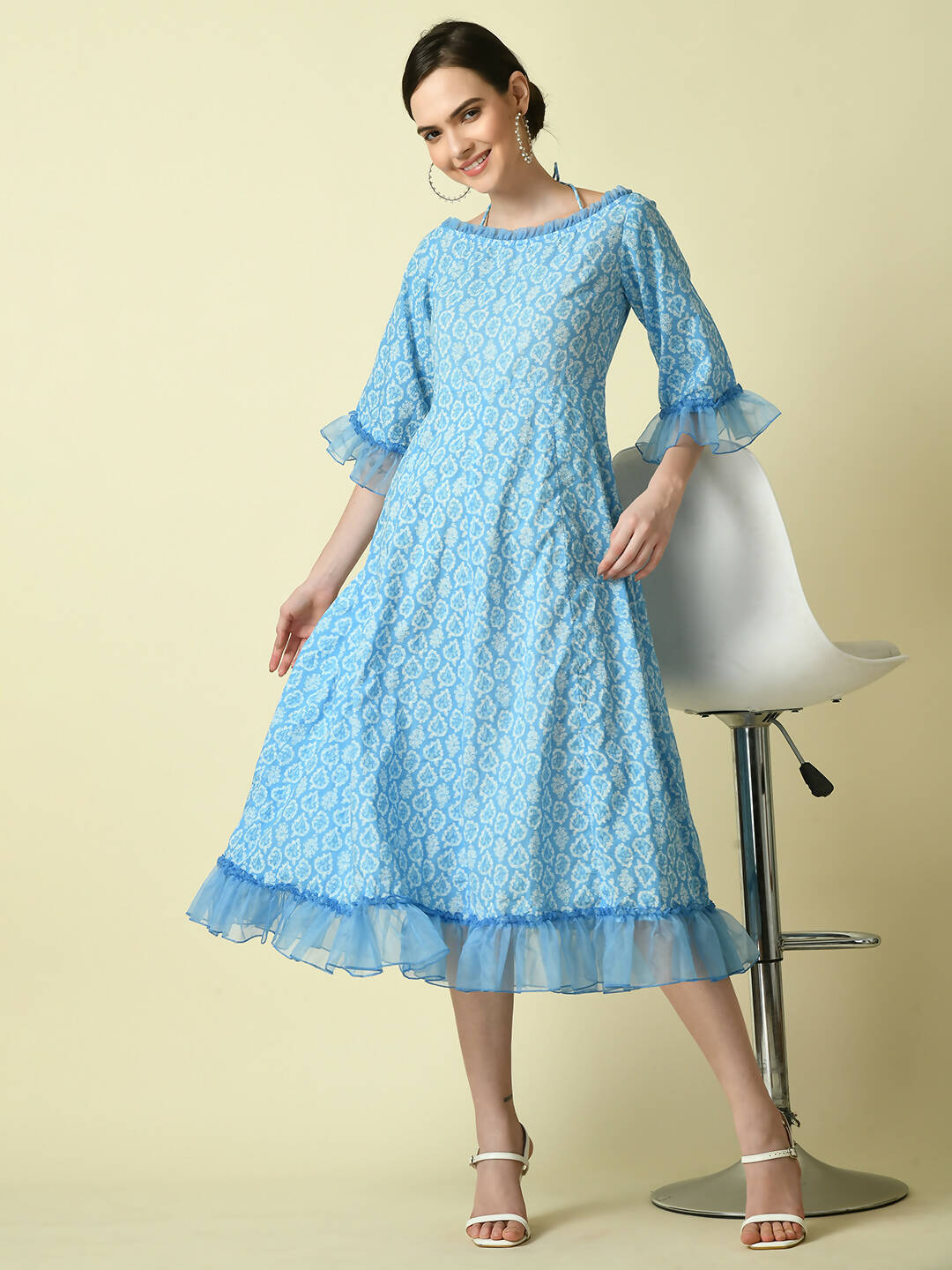 Myshka Women's Blue Empire Printed Dress | Grocsy