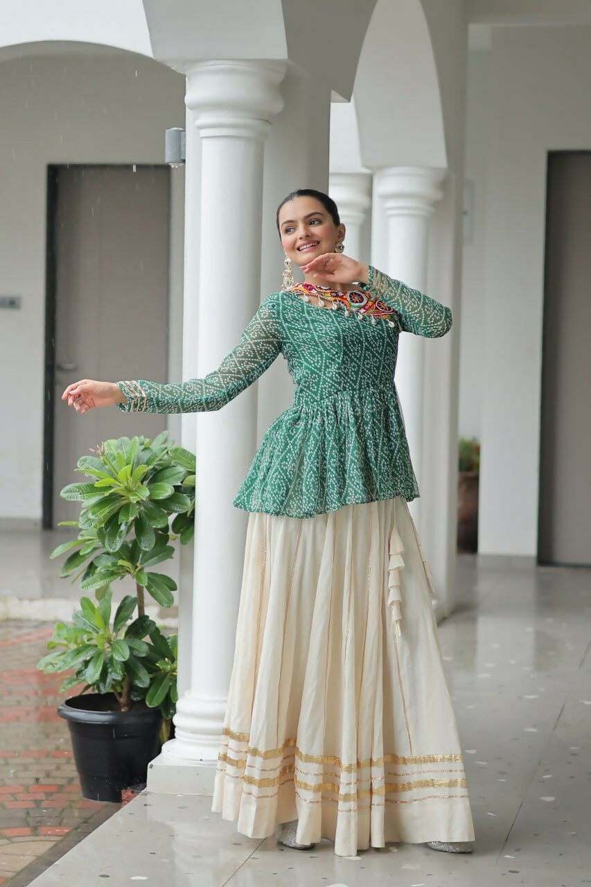 Teeya Creation Green And White Colour Cotton Printed Navratri Lehenga Choli | Grocsy