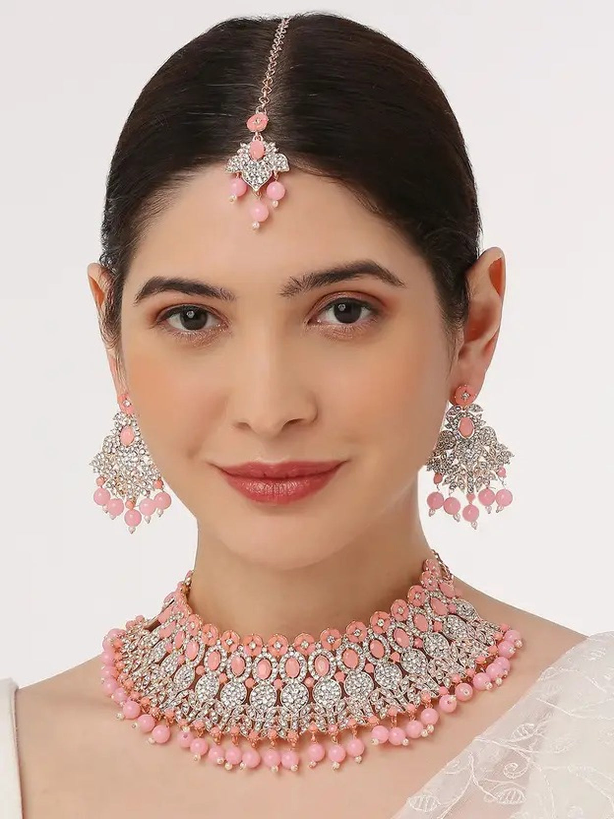 Jewel City Beads Choker Necklace Set with Earrings for Women – Silver-Tone Bridal & Party Wear Jewelry | Grocsy