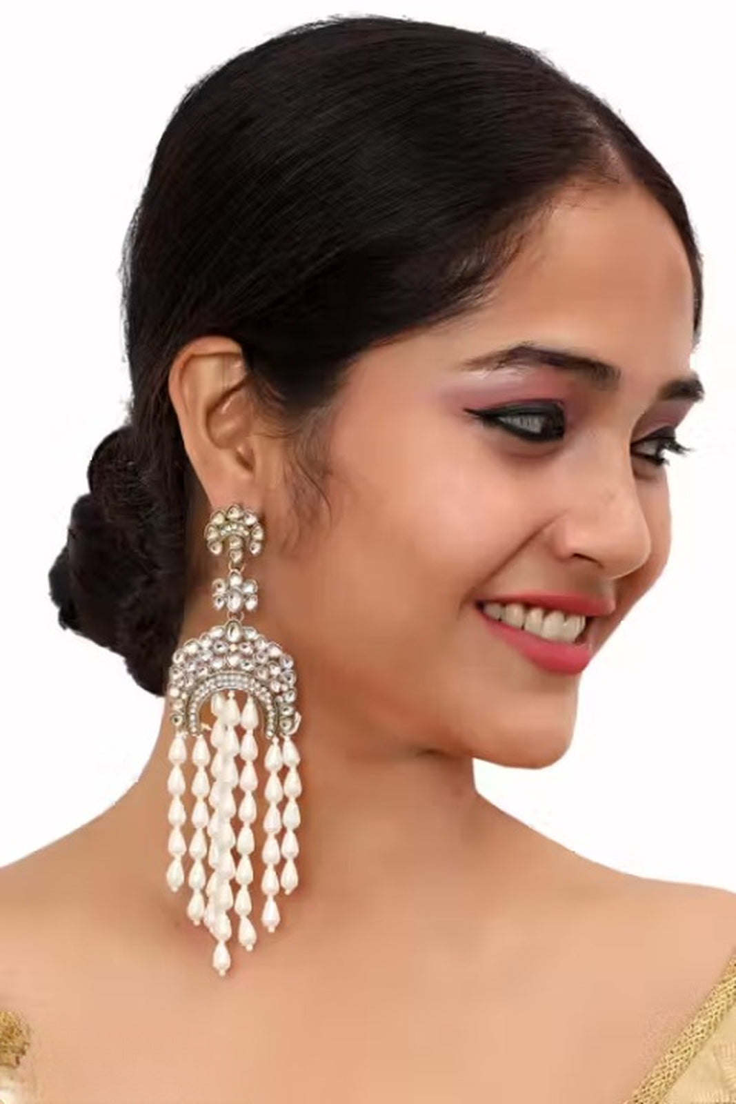 Jewel City Elegant Kundan & Pearl Long Chandelier Earrings for Women & Girls | Traditional Gold-Plated Indian Wedding Jewelry | Grocsy
