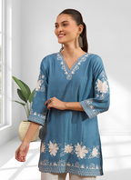 Joban Fashion Teal Silk Embroidered Readymade Tunic | Grocsy