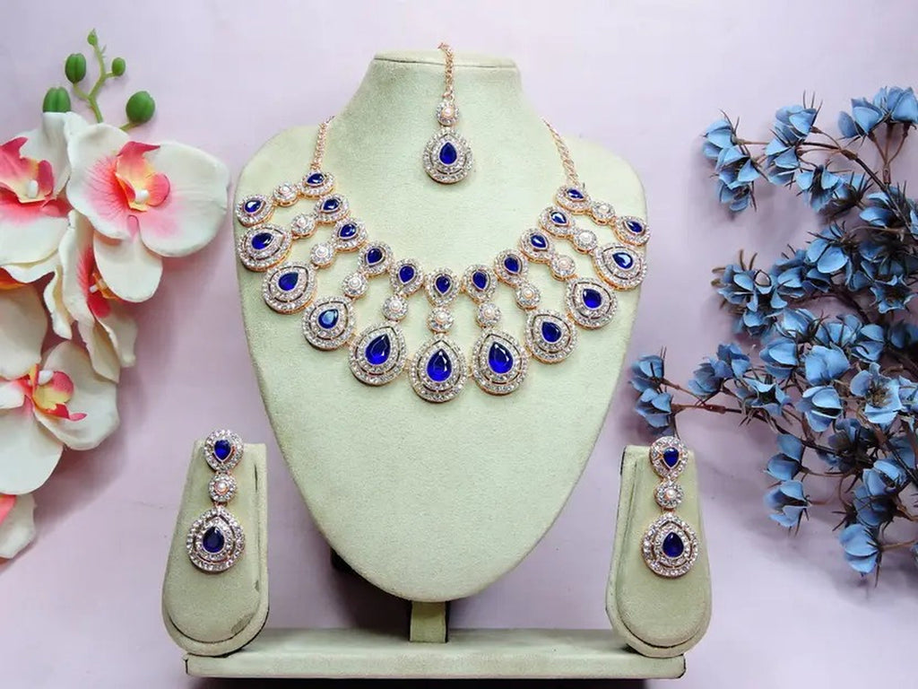 Jewel City Rose Gold-Plated Necklace Set with Earrings & Maang Tikka for Women – Sparkling Bridal Party Jewelry | Grocsy